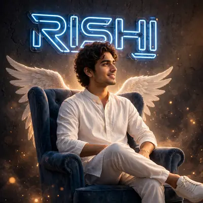 Create a stunning 3D profile picture where a young man (around 20 years old) with a charming smile sits casually on a velvet wingback chair. Dressed