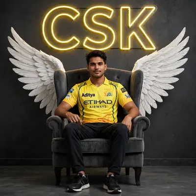 Create a 3D illusion for a profile picture where a 25 Year old boy in a Csk ipl Jersey Sitting casually on a Wingback chair. The name "Aditya" is