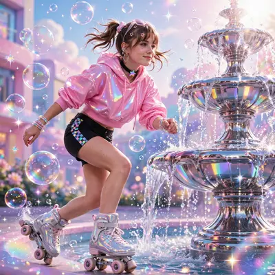 Dreamy bubblegum pop-art style scene featuring a skater girl gliding past a chrome fountain, surrounded by bubbles and sparkle. Pastel gradient glow