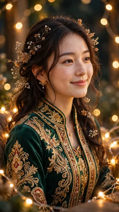 Create a vertical 9:16 portrait of a young woman in an elegant traditional festive dress surrounded by warm fairy lights. Golden glowing bokeh