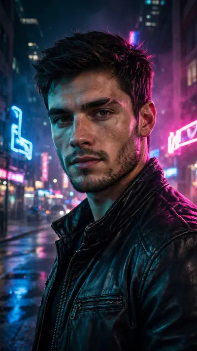 Create a vertical 9:16 portrait of a confident young man in a black leather jacket standing on a city street at night. Glowing neon signs in blue and