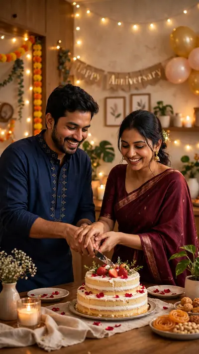 Turn this couple photo into a warm anniversary celebration: we are cutting a cake together at home, fairy lights glowing behind us, festive
