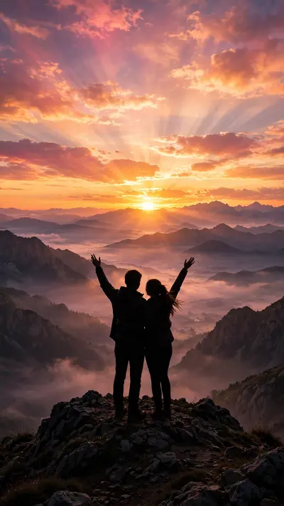 Create a vertical 9:16 portrait of a couple as a soft silhouette on a mountain top at sunrise, arms gently raised. Epic glowing sky with warm orange