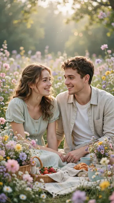 Create a vertical 9:16 portrait of a young couple enjoying a picnic in a blooming flower meadow in soft morning light. Pastel flowers everywhere