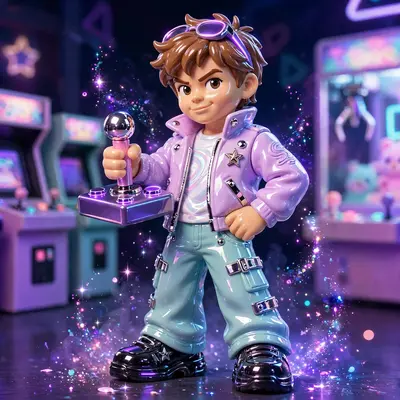 a mall arcade champion gripping a joystick captured in shiny plastic-toy render style, striking a confident pose. Blacklight ultraviolet glow