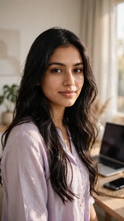 Create an ultra-realistic cinematic portrait of a beautiful young Indian woman standing in a modern cozy room, wearing a stylish pastel outfit, soft