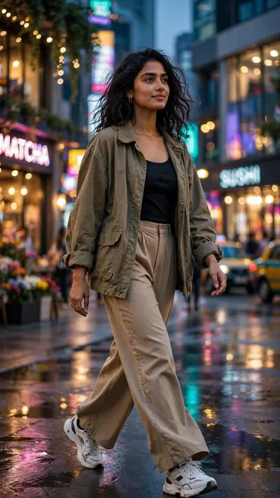 Create an ultra-realistic editorial photograph of a beautiful young Indian woman walking through a stylish modern city street. She is wearing a