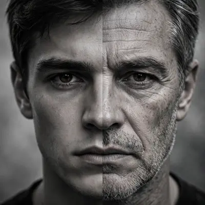 Using the given two faces Create an ultra-realistic, cinematic black-and-white split-face portrait showing the same man divided perfectly down the