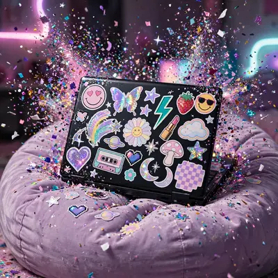 High-shine glitter-bomb pop collage style artwork of a sticker-covered laptop on a beanbag, glitter exploding around the frame. Neon-sign pastel wash