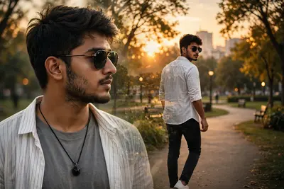 A high-quality double exposure style cinematic portrait of a stylish young Indian man. On the left, a close-up profile shot showing him wearing black