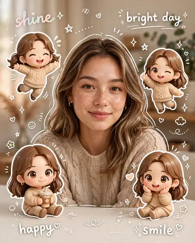 Use a real face as the reference photo. Keep the background the same as in the photo. The lighting is warm, soft, and clean, with subtle shadows