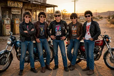 Ultra-realistic cinematic photograph of five young boys posing beside vintage motorcycles on a dusty roadside in the 1980s, wearing leather jackets