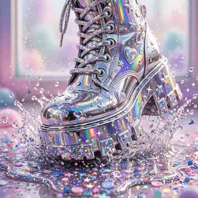 Glossy holographic sticker-book art style composition of a chrome platform boot stomping a puddle, chrome and glitter everywhere. Frosted window
