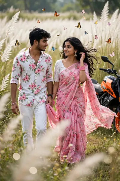Create a cinematic DSLR photograph in a portrait composition of a romantic young Indian couple walking through a beautiful field of tall white Kans