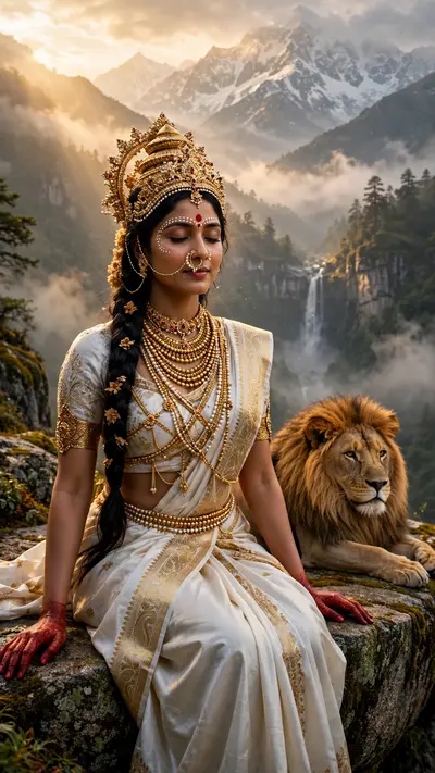 A hyper-realistic, cinematic portrait of a serene Indian goddess sitting on a mossy granite cliff ledge in the Himalayas, framed by snow-capped