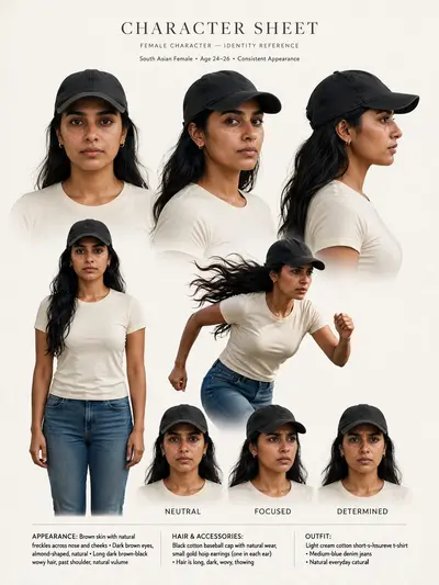 Create a realistic character sheet photo from this image. Flow AI Video Prompt: Create a cinematic action-drama video that closely follows the