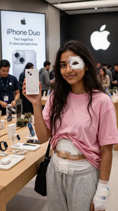 Create an ultra-realistic candid photograph of a young South Asian woman standing inside a modern Apple Store, photographed vertically in a 9:16