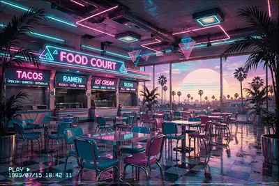 An empty retro shopping mall food court at sunset, glowing neon signs reflecting off chrome surfaces, palm trees silhouetted against a giant pastel
