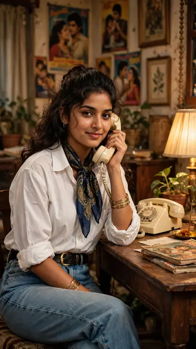 Ultra-realistic cinematic 1990s Bollywood-inspired retro portrait of a young Indian woman sitting comfortably beside a vintage wooden table in a cozy