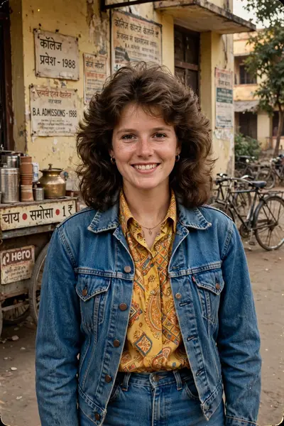 Use the uploaded photo and recreate the same person as if photographed in India in the late 1980s. Preserve the face, skin tone, body shape, smile