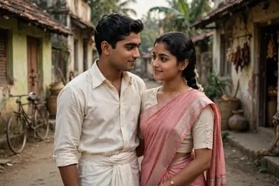 Create an ultra-realistic cinematic romantic photograph of a young South Indian couple in the 1950s, using the uploaded reference images as the