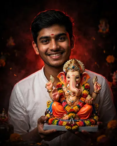 A high-quality studio portrait of a young Indian man, same person as the uploaded image, holding a colorful, highly detailed Lord Ganesha idol during
