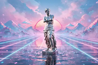 A chrome statue of Venus de Milo standing in a shallow neon-lit pool, infinite laser grid stretching to a pixelated sunset horizon, vaporwave