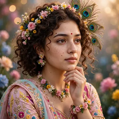 Create a Radha Rani-inspired traditional look using the uploaded image as the exact reference. IMPORTANT - PRESERVE THE ORIGINAL PERSON: Keep the