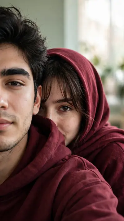 Ultra-realistic casual close-up couple selfie, only half of the young man's face visible on the left side of the frame while the young woman hides