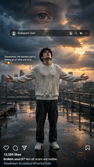 Create an ultra-realistic cinematic vertical 9:16 Instagram heartbreak edit based on the uploaded reference image. Preserve the boy’s exact facial