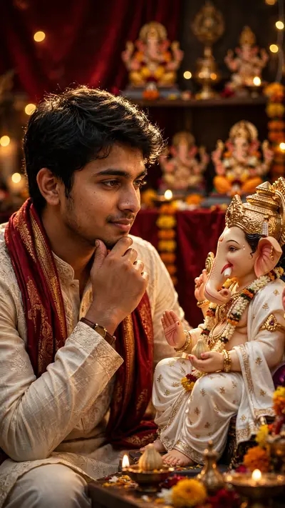 Create an ultra-realistic cinematic vertical portrait of a young Indian man sitting peacefully beside a beautifully decorated Lord Ganesha idol