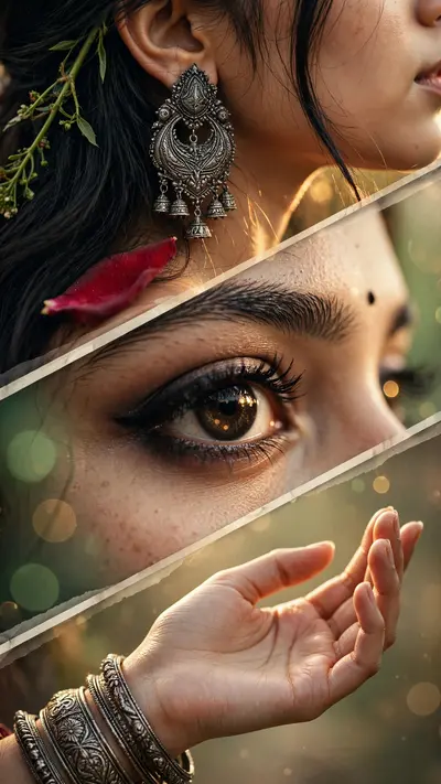 Exclusive luxury cinematic three-panel diagonal editorial collage of a young South Asian woman, designed with seamless layered diagonal framing and