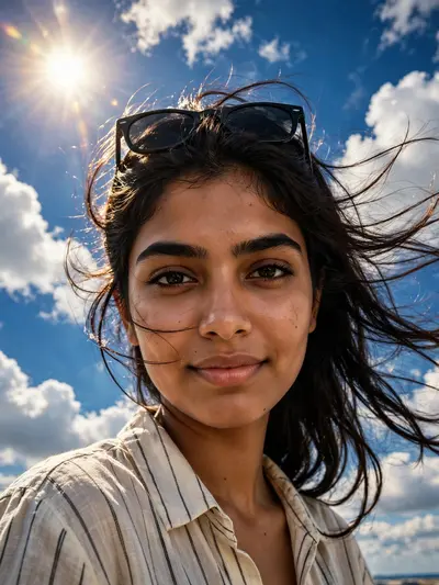 Ultra-realistic close-up portrait of the SAME young South Asian woman from the uploaded image, captured from a dramatic low-angle perspective using