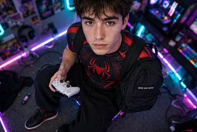 A candid, high-angle smartphone shot of a Gen Z young man looking up at the camera with a calm, deadpan expression. He is wearing a sleek black and