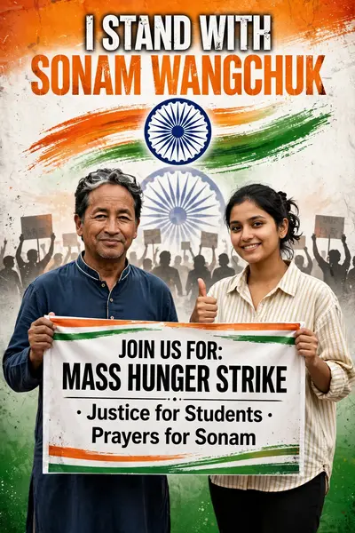 Create a premium ultra-realistic 2:3 vertical protest poster featuring Sonam Wangchuk standing confidently on the left wearing a navy blue kurta and
