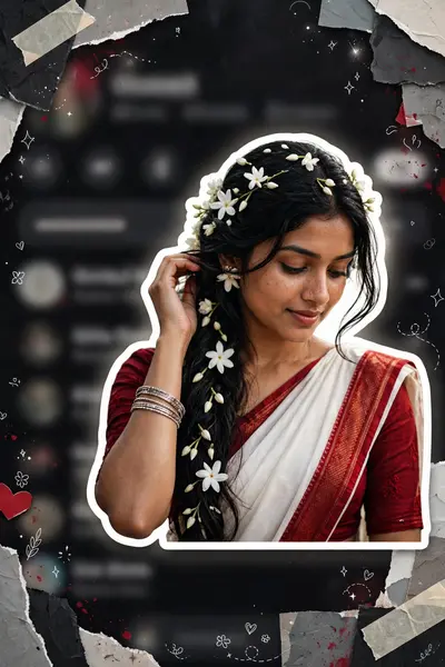 Create an ultra-aesthetic digital collage portrait featuring a beautiful young South Asian woman as the main subject. She is precisely cut out with a
