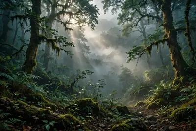 Transform this image into a breathtaking ultra -realistic foggy forest . Add dense natural white fog covering the entire environment, creating a