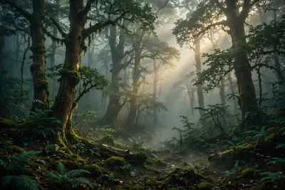 Transform this image into a breathtaking ultra-realistic foggy forest . Add dense natural white fog covering the entire environment, creating a