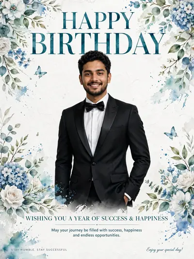 Hyper-realistic luxury birthday editorial poster, 3:4. Replace ONLY the man's face with my uploaded reference, preserving 100% facial identity