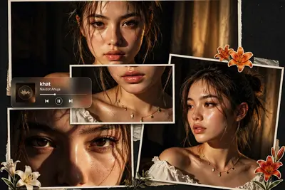 Ultra-realistic cinematic collage of a young woman using the uploaded face exactly 📸✨. The image is composed of multiple rectangular photo panels