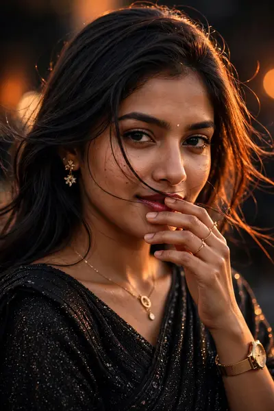 Ultra-realistic cinematic DSLR portrait of a beautiful young Indian woman wearing an elegant black glitter saree, close-up chest-up composition