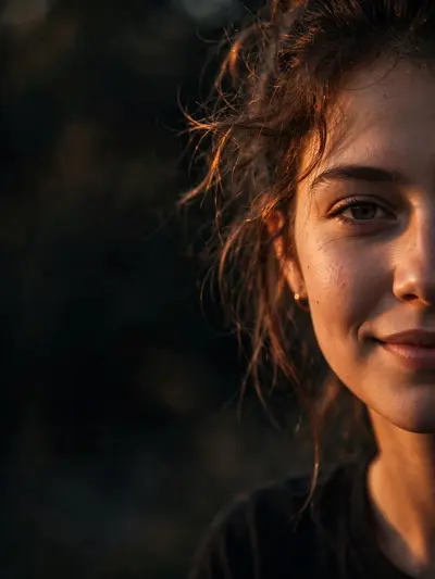 Create an ultra-realistic cinematic golden hour portrait of a young person (male or female), captured in a close-up shot with only half of the face