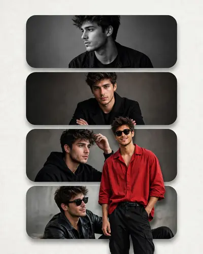 MODERN EDITORIAL COLLAGE POSTER DESIGN. THE BACKGROUND FEATURES FOUR STACKED ROUNDED PANELS FILLED WITH BLACK AND WHITE CINEMATIC PORTRAITS OF A