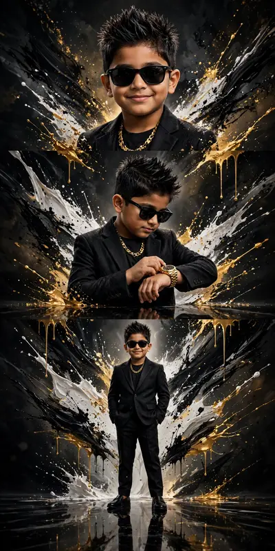 cinematic triple-composition poster of a stylish South Asian little boy, exact same face, short spiky black hair, black sunglasses, confident