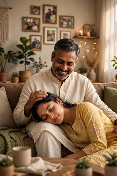 Create a Father's Day portrait featuring [PERSON NAME OR DESCRIPTION] as the daughter and her father sitting in a cozy living room. The father is