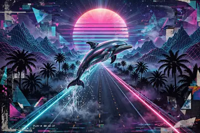 A lone chrome dolphin leaping over an empty neon-lit highway stretching toward a massive retro sun, vaporwave digital collage, palm silhouettes and