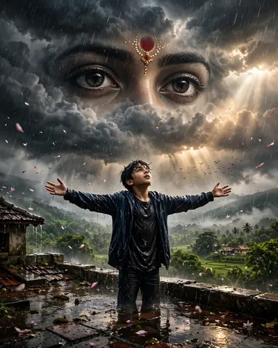 Create a cinematic Ultra HD fantasy scene using the uploaded photo. A boy stands on a rooftop with arms spread wide in heavy rain, while giant
