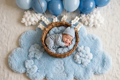create a top-down shot of a baby dressed in a striped onesie and matching hat, sleeping peacefully in a wicker basket, positioned on a light blue