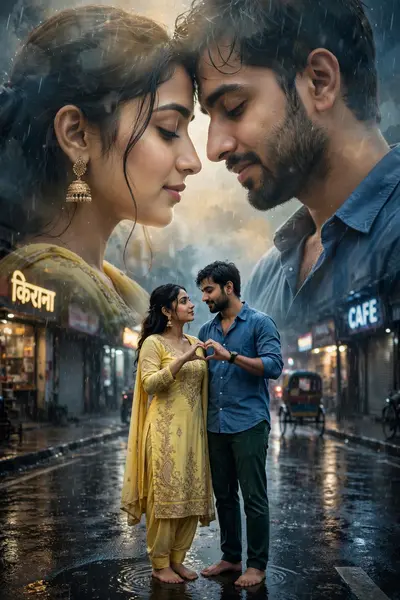 Ultra-realistic romantic rainy street portrait of a young South Asian couple standing barefoot on a wet city road, the woman wearing a beautiful