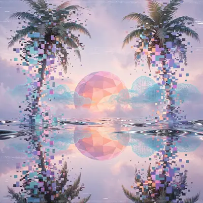 Glitching palm trees dissolving into pixels above a mirrored chrome ocean, vaporwave dreamscape, giant low-poly sun setting behind wireframe clouds